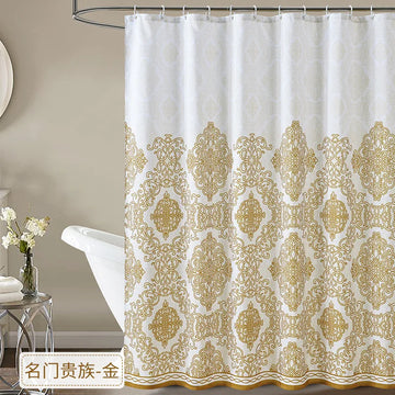 rideau douche tissu blanc motif géométrique classique anneaux métalliques salle bain