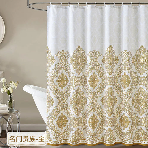 rideau douche tissu blanc motif géométrique classique anneaux métalliques salle bain