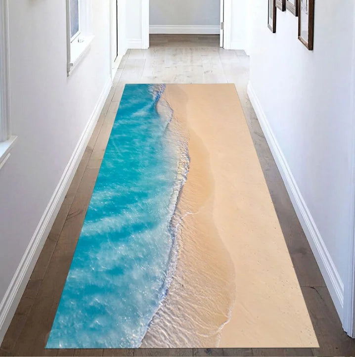 tapis long plage bleu beige motifs vagues sable coquillages moderne 40x120cm