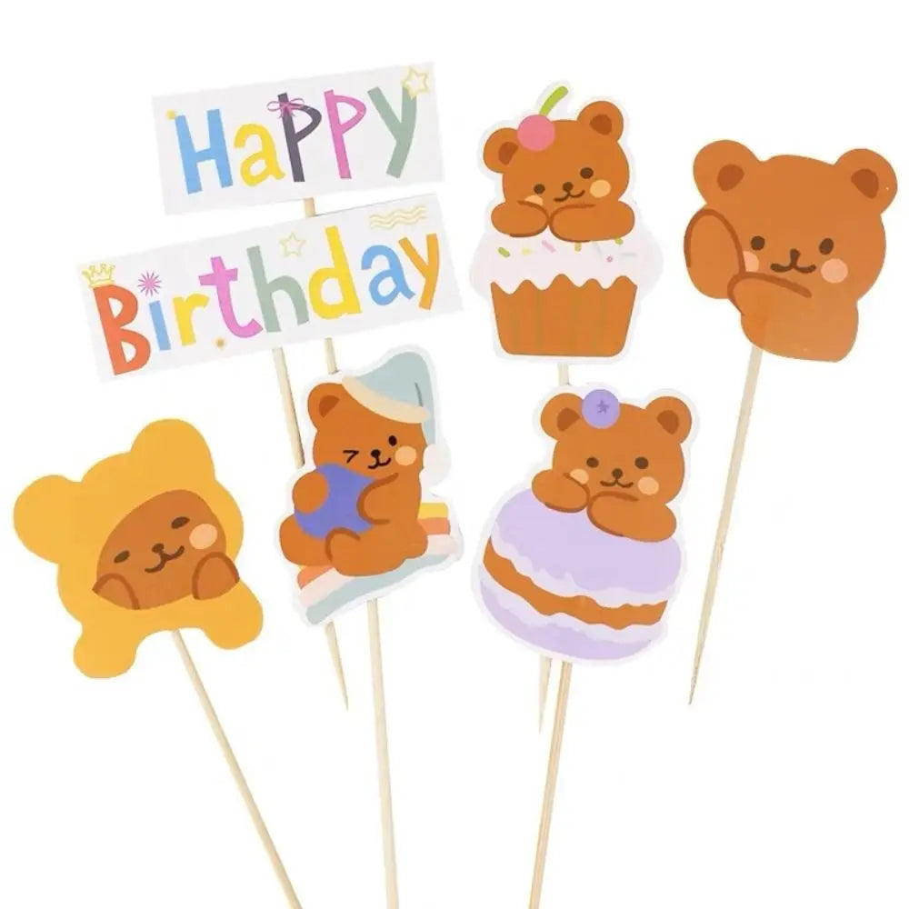 décorations gâteau happy birthday multicolore nounours chapeau banderoles géométriques festives piquées bois