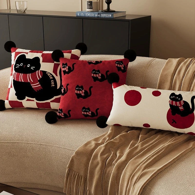 coussin housse chat noir foulard imprimé polyster rectangle décoration cartoon