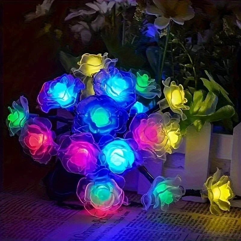 guirlande lumineuse solaire multicolore fleurs roses moderne 20 fleurs panneau solaire extérieur autonomes