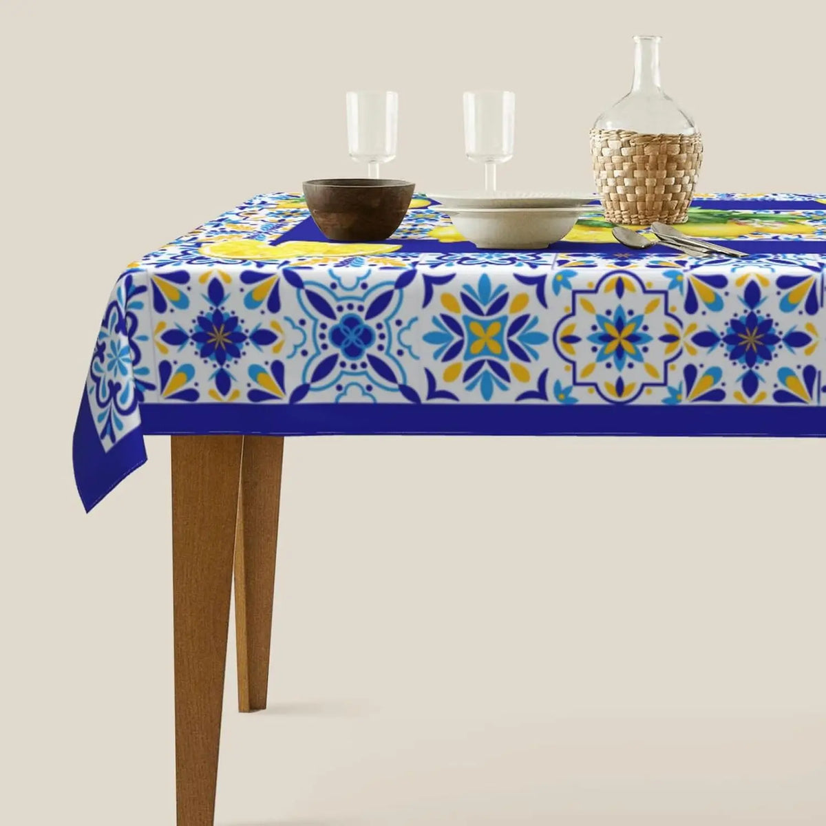nappe rectangulaire imperméable motif floral géométrique moderne bleu blanc jaune citron réutilisable polyester table