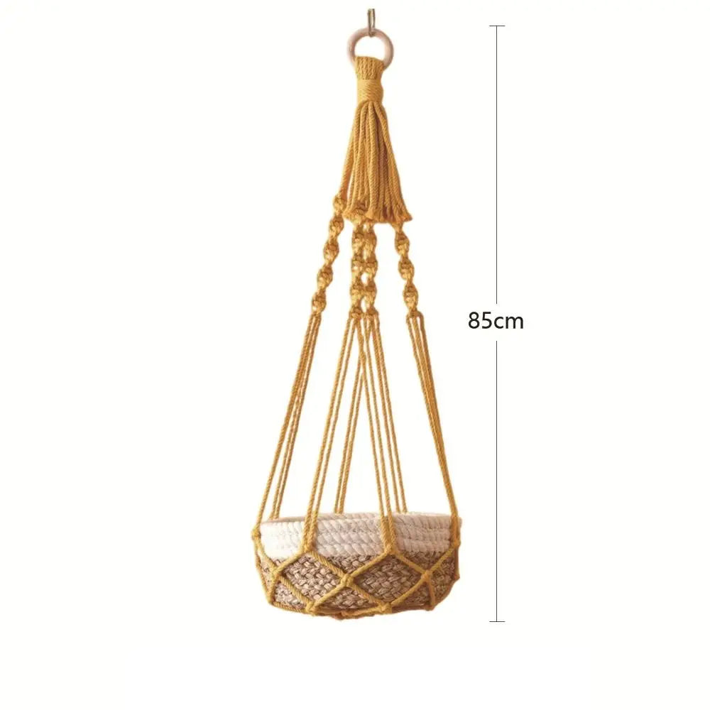 panier suspendu boho tissé motifs géométriques couleur beige vert anneaux métalliques rustic decoration jardin