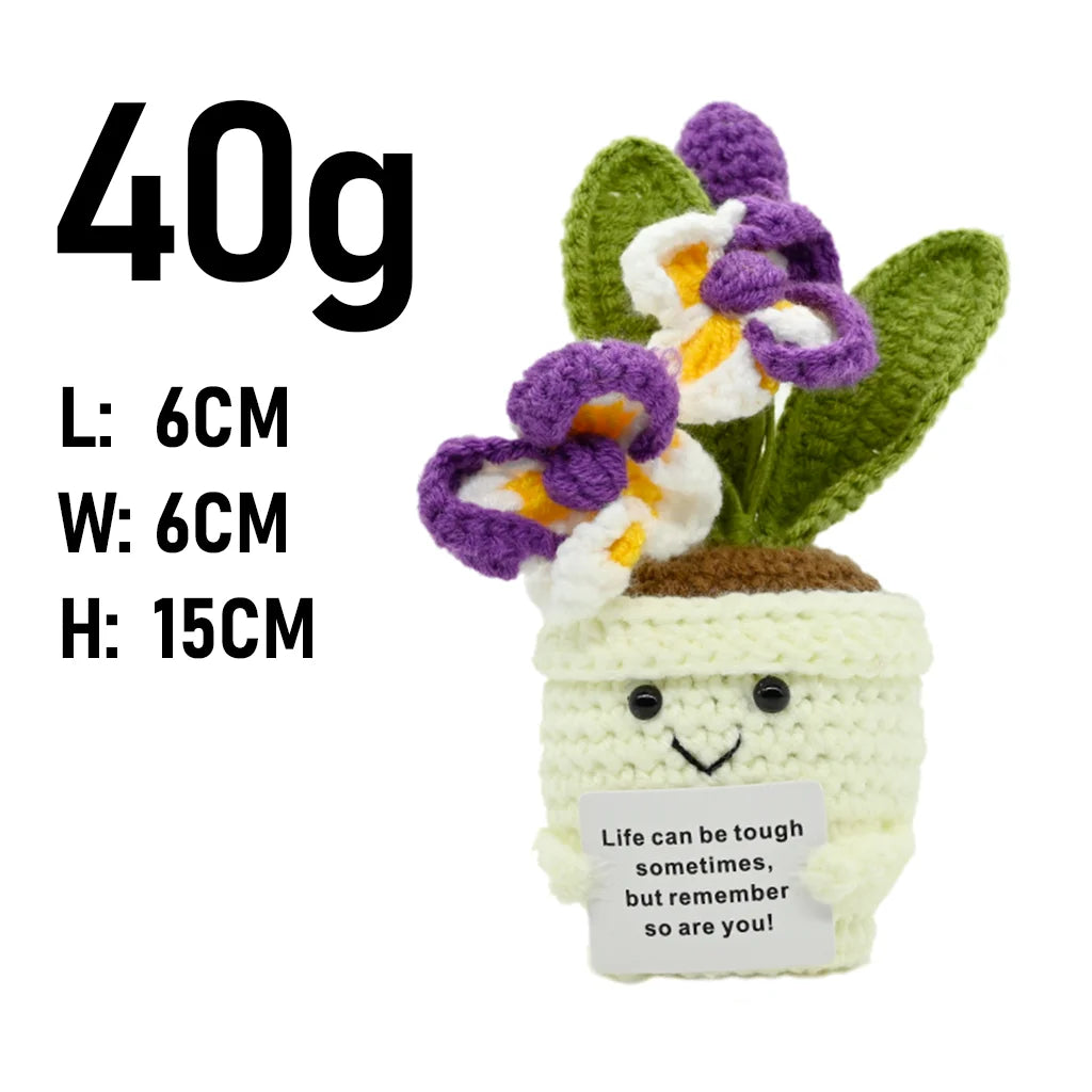 plantes artificielles tricotées fleurs feuilles pot décoratif artisanal violettes blanches vertes beige encouragement