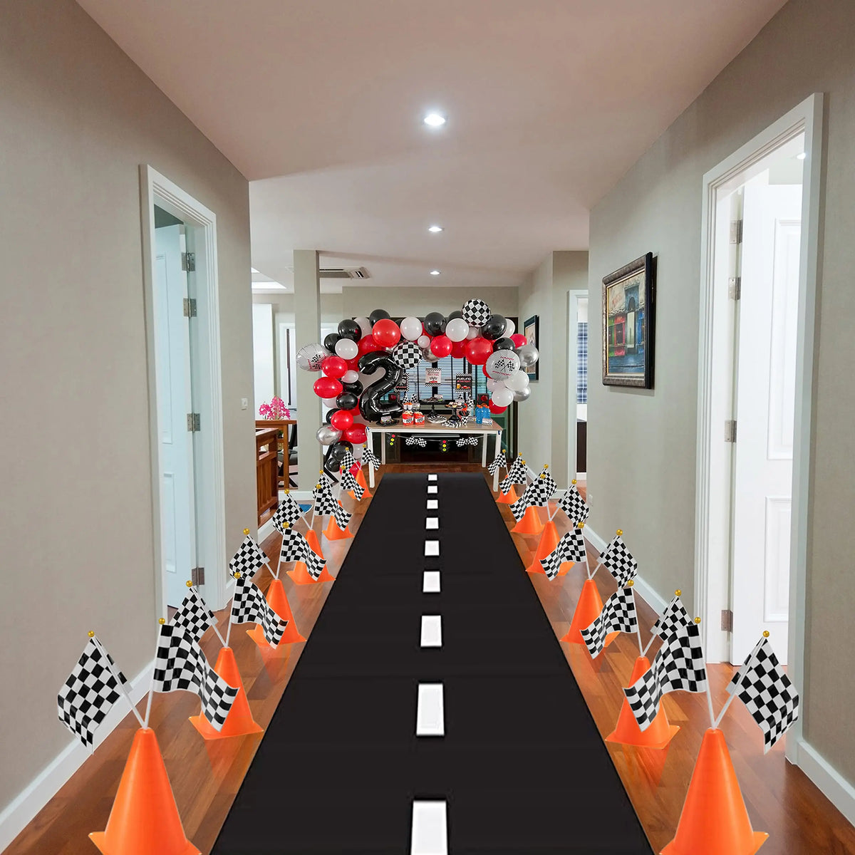 ensemble décoration anniversaire voiture course assiettes gobelets bannière table runner ballon géant papier