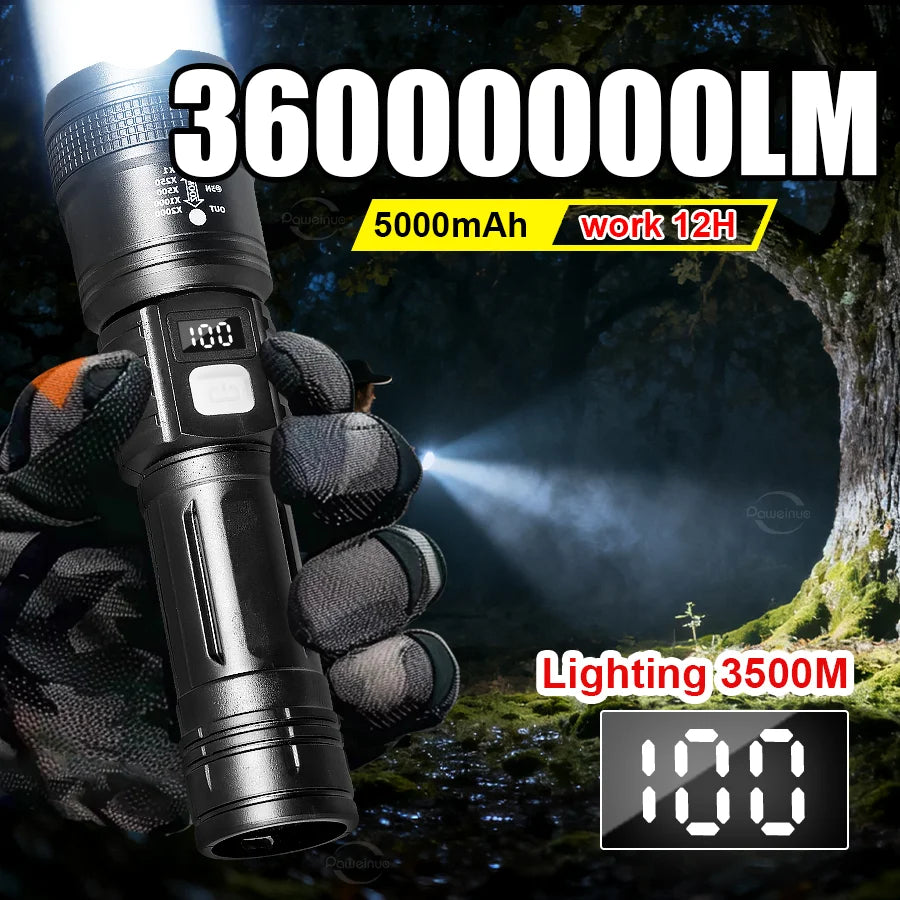 lampe torche rechargeable led 30w zoom longue portée noir affichage numérique