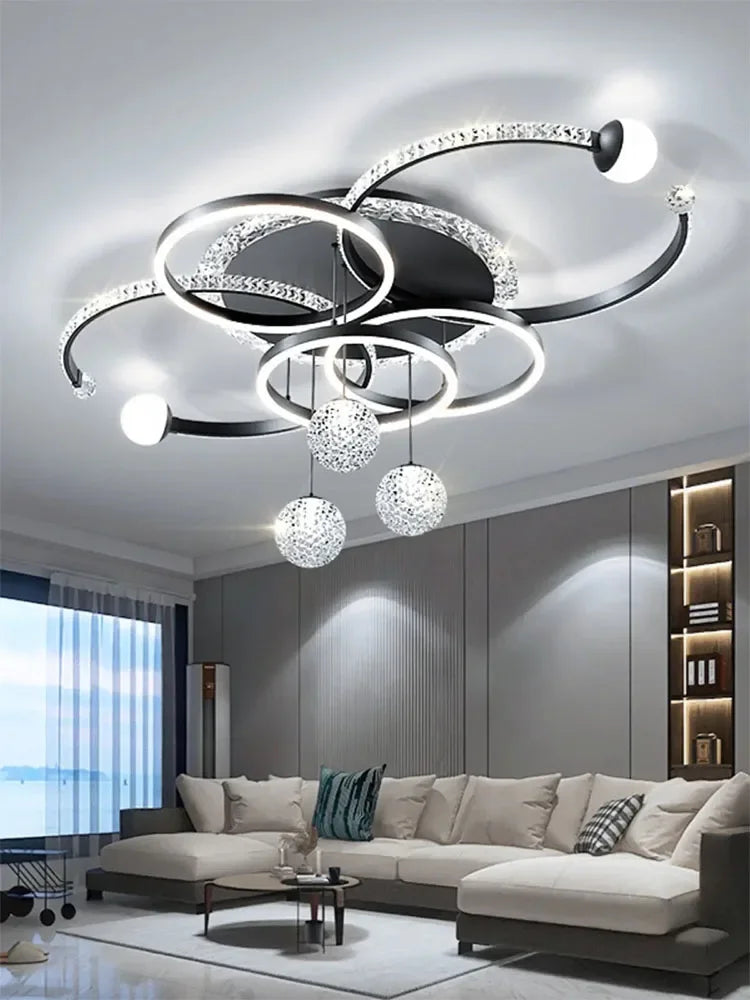 lustre moderne suspension contemporain argenté doré blanc noir globes translucides anneaux lumineux strass decoration