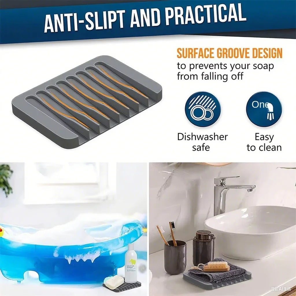 support savon silicone rayures horizontales gris rose blanc moderne comptoir salle bains