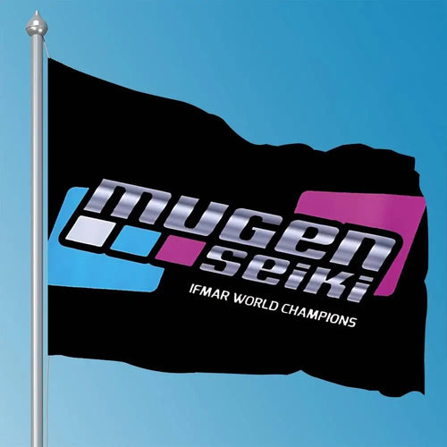 drapeau decoration sportif logo mugen seiki texte ifmar world champions polyester noir bleu violet