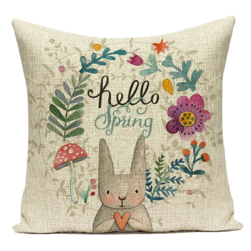 housse coussin carré coton motif lapin fleurs décoration chambre enfant salon décoratif couleur pastel
