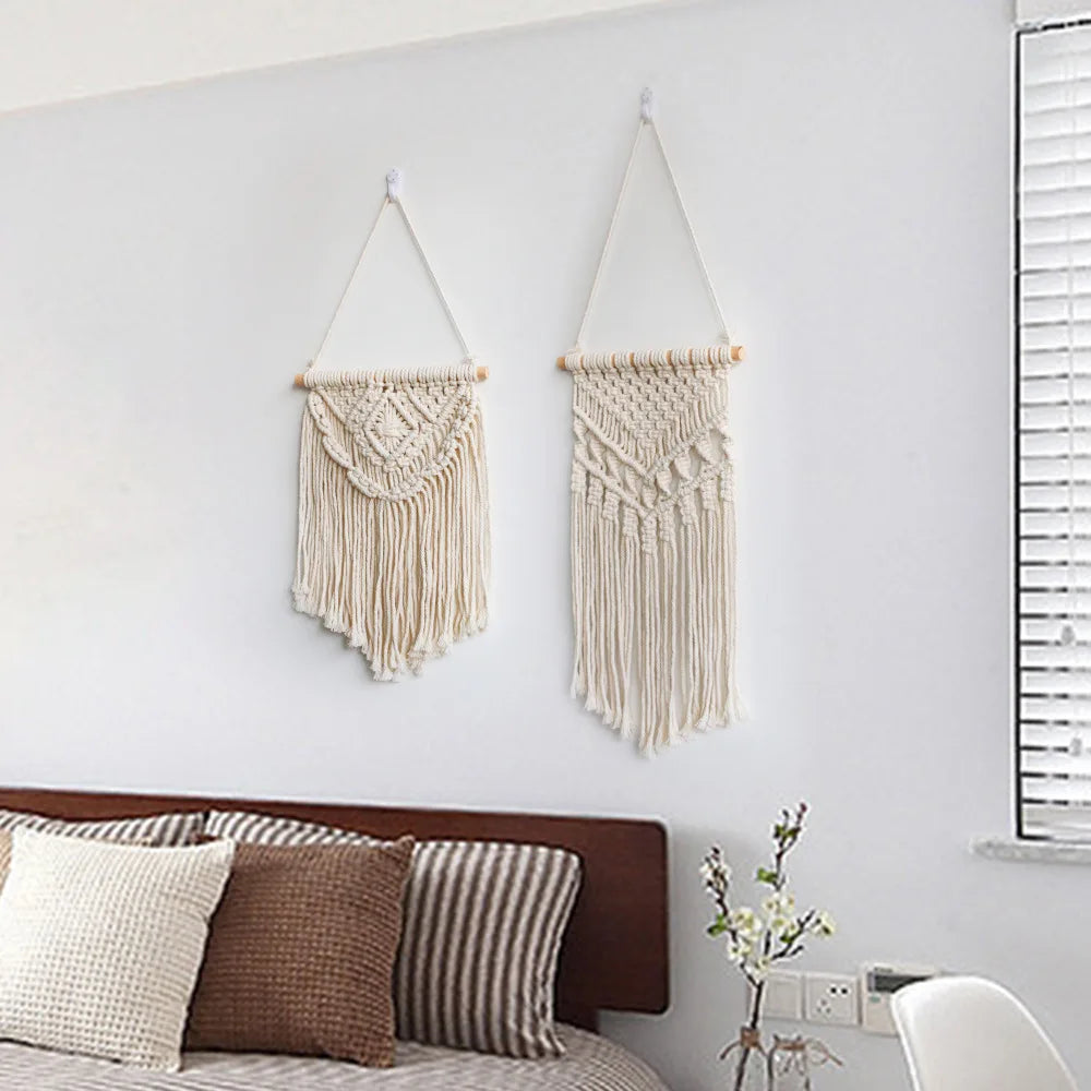 tapisserie macramé bohème beige clair motifs géométriques franges opaques décorative art murale