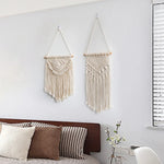 tapisserie macramé bohème beige clair motifs géométriques franges opaques décorative art murale