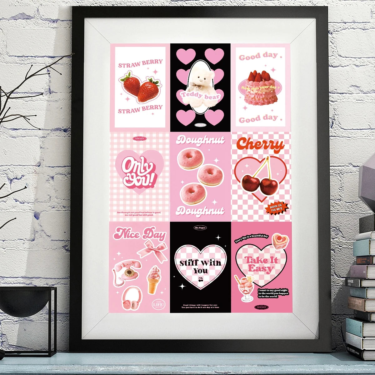 affiches kawaii girly moderne motifs fruits pompons tringle bois cartes décoratives rose rouge blanc
