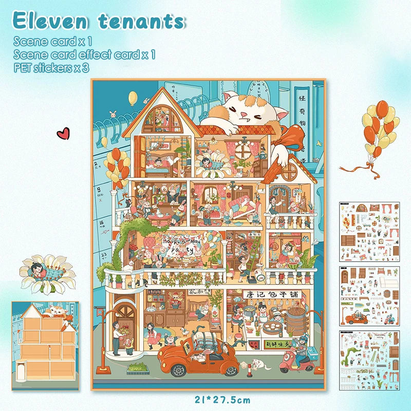 puzzle multicolore dessin animé adhésif portes fenêtres meubles personnages voitures animaux plantes scène ville