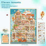 puzzle multicolore dessin animé adhésif portes fenêtres meubles personnages voitures animaux plantes scène ville