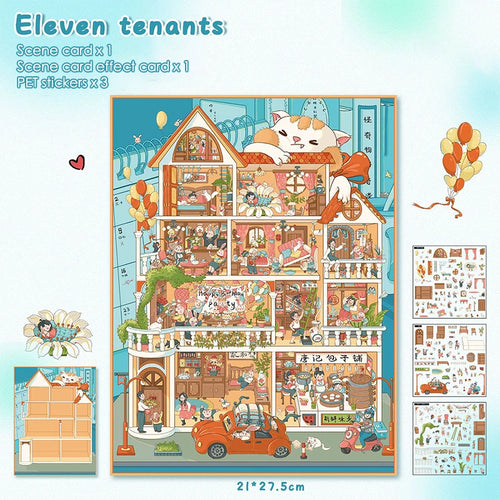 puzzle multicolore dessin animé adhésif portes fenêtres meubles personnages voitures animaux plantes scène ville