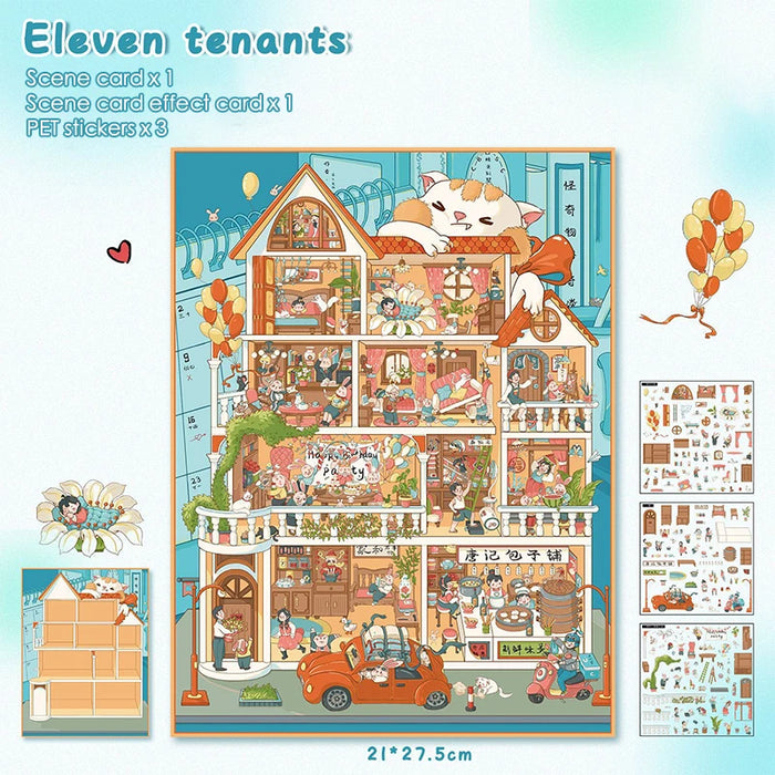 puzzle multicolore dessin animé adhésif portes fenêtres meubles personnages voitures animaux plantes scène ville