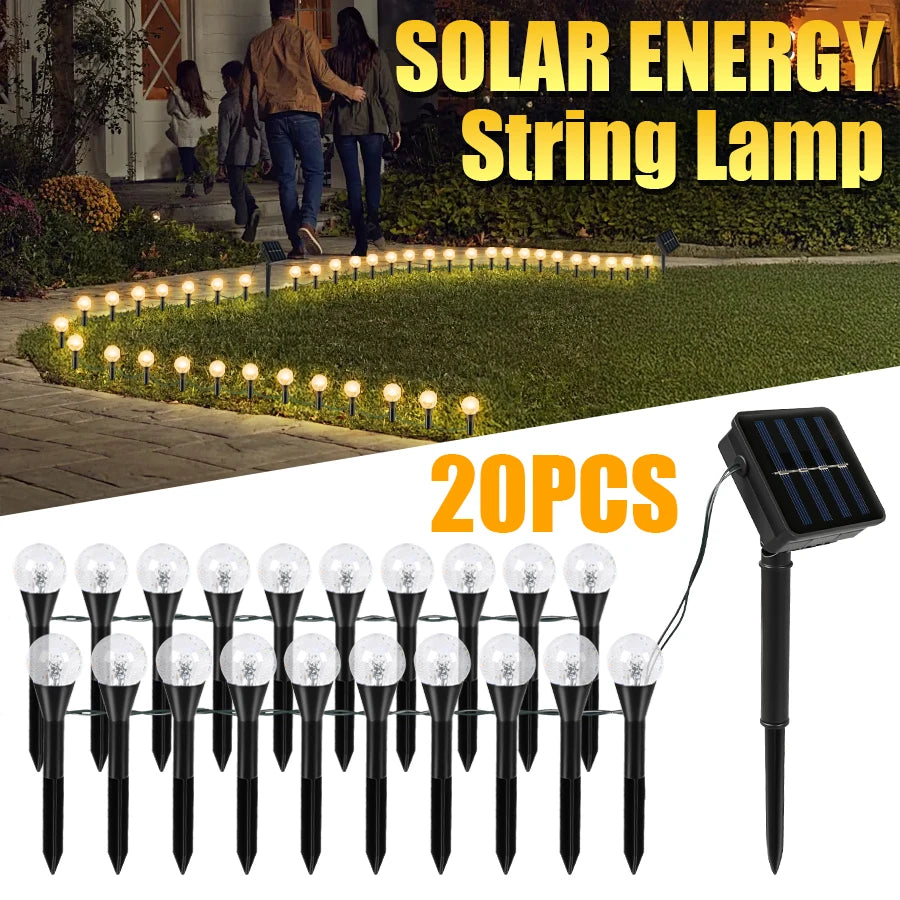guirlande solaire led jardin 20 lampes modes éclairage ip65 moderne globes verre transparent piquets