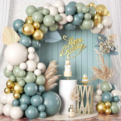 Guirlande de ballons arc vert sauge or bleu sable blanc 107 pièces