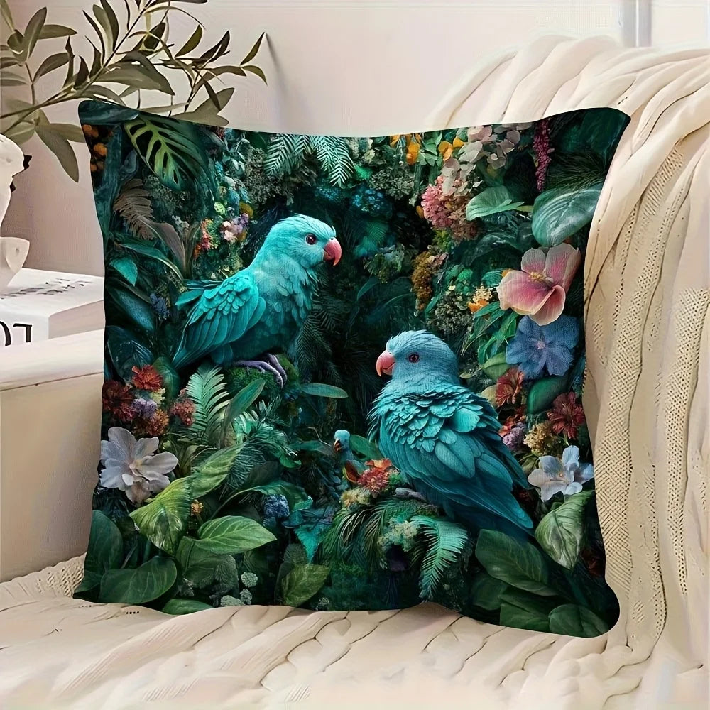 coussin imprimé 2d oiseaux fleurs feuilles vert bleu moderne maison lit canapé chambre