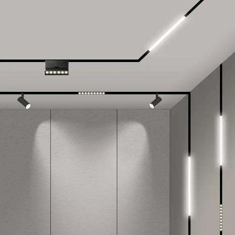 rail led magnétique noir moderne système éclairage intérieur minimaliste connecteurs d'angle