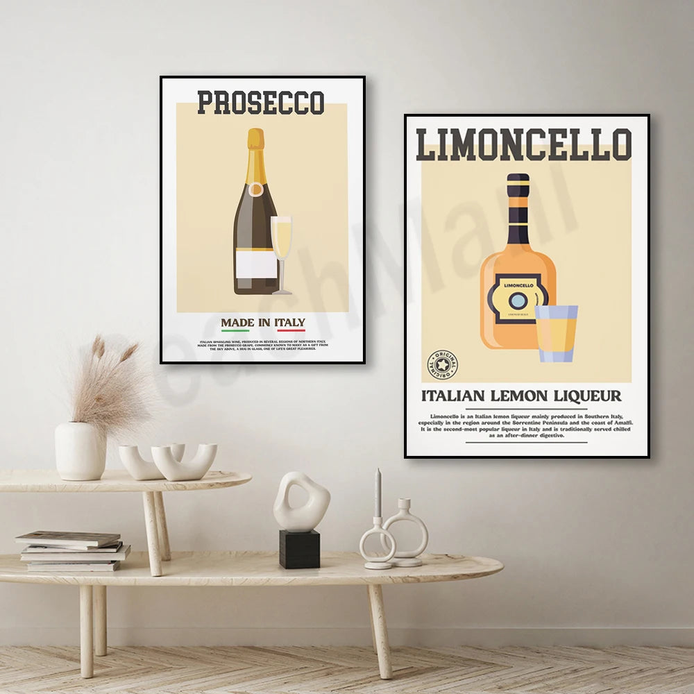 Les affiches illustrées mettent en valeur le Prosecco, un vin mousseux italien, et le Limoncello, une liqueur italienne au citron, tous deux présentés dans un style vintage et classique.