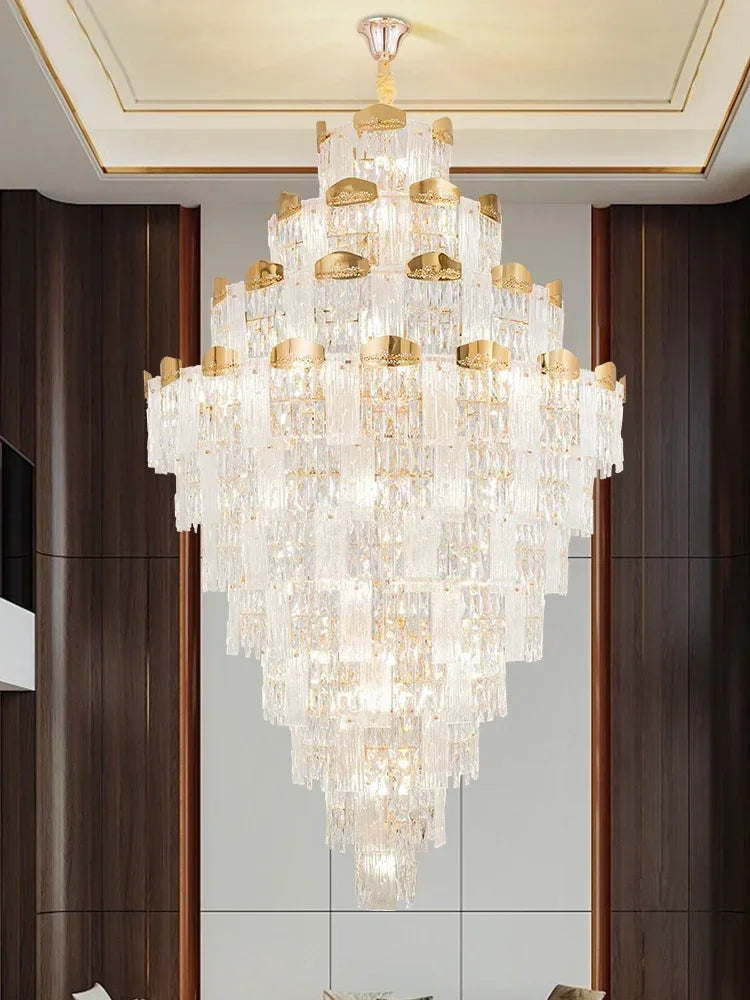 lustre cristal luxe doré moderne suspension salon hall maison grande décoration luminaire intérieur