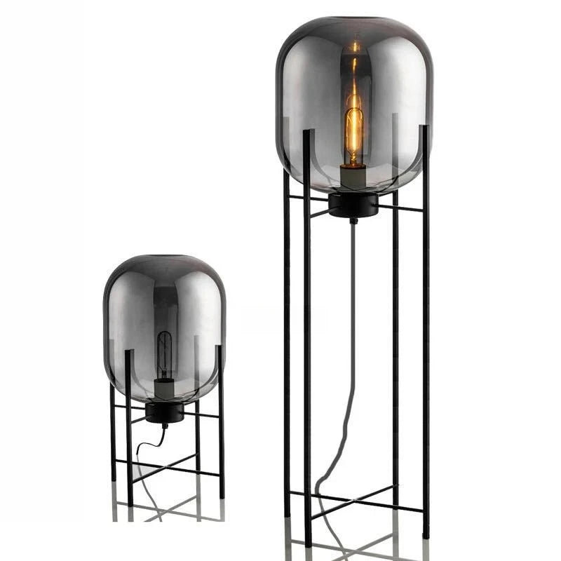 lampe sol moderne transparente ampoule filament noir gris fumé led verre minimaliste