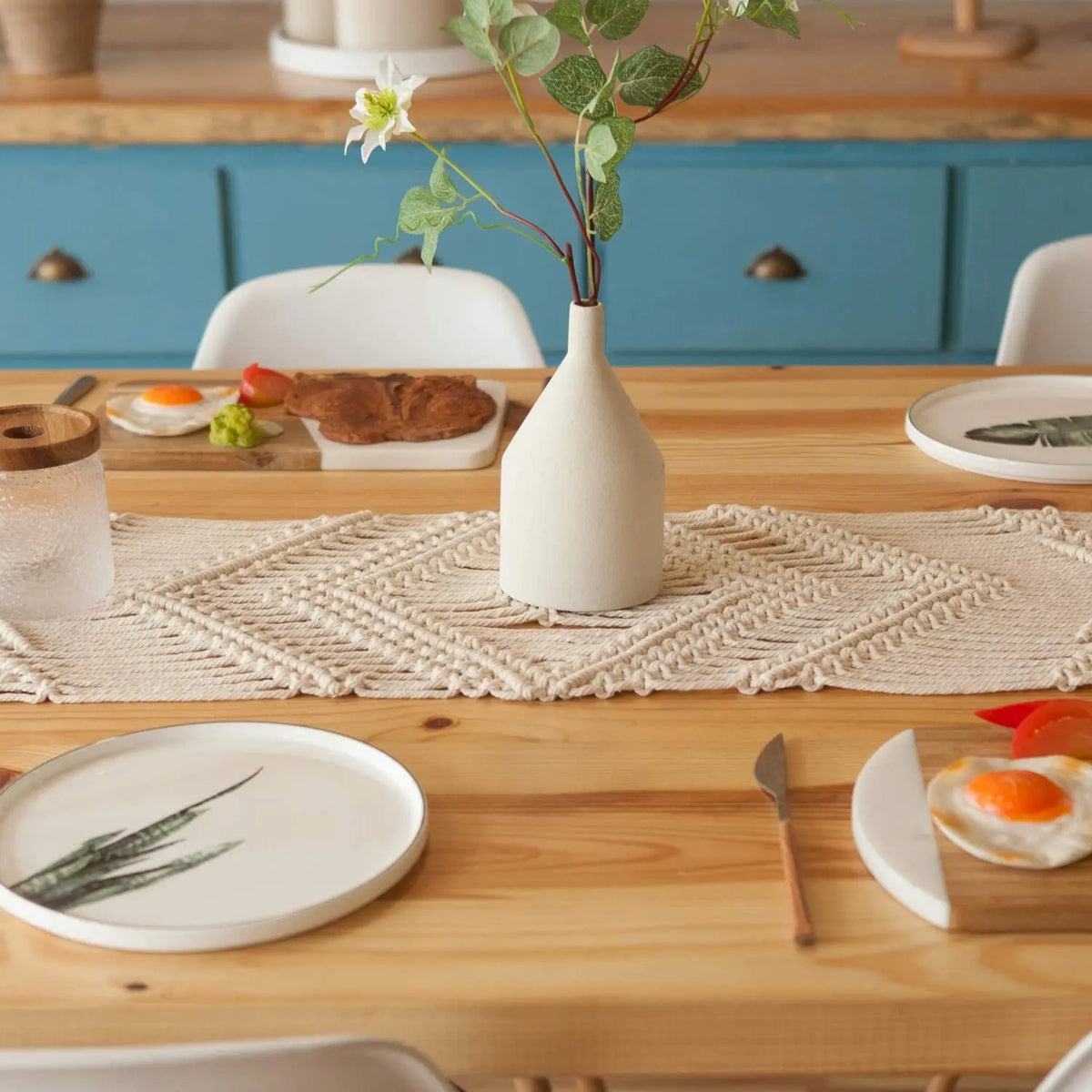 tableau chemin table coton blanc tissé main franges boho artisanal