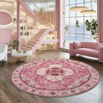 tapis rond moderne fleurs colorées rose clair blanc salon chambre coucher extérieur lavable machine