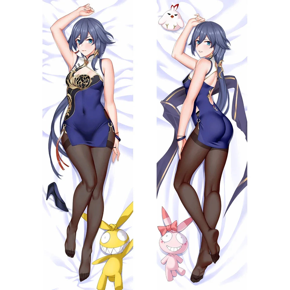 coussin animé personnages féminins bleu marine noir double face 40x120cm peachskin
