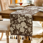 chemin table bleu marine blanc motif fleurs tissé franges classique rustique maison