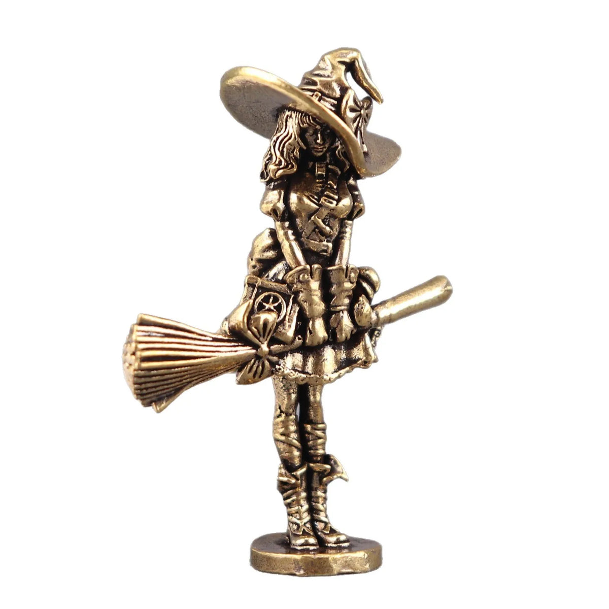 figurine sorcière bronze chapeau balai baguette deco maison conte fées éléments decoratifs