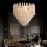 Suspension lumineuse moderne blanc translucide rangées verticales tubes chaîne métallique sources lumineuses 10 15m²