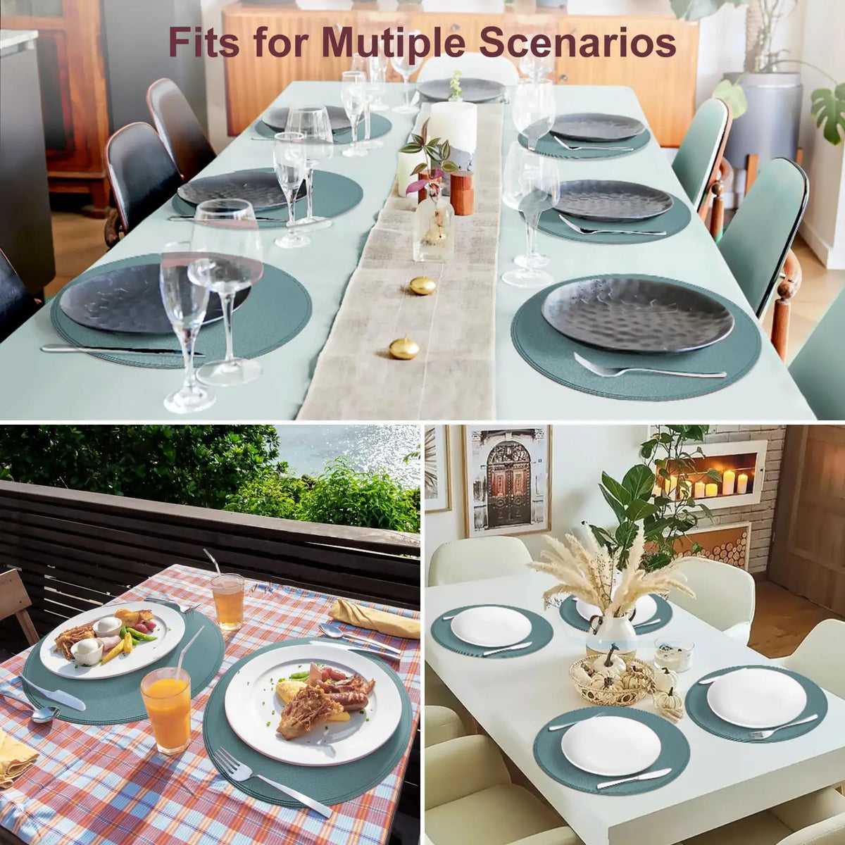 tapis table ronds bleu simili cuir élégants respectueux environnement assortis vaisselle décoration moderne
