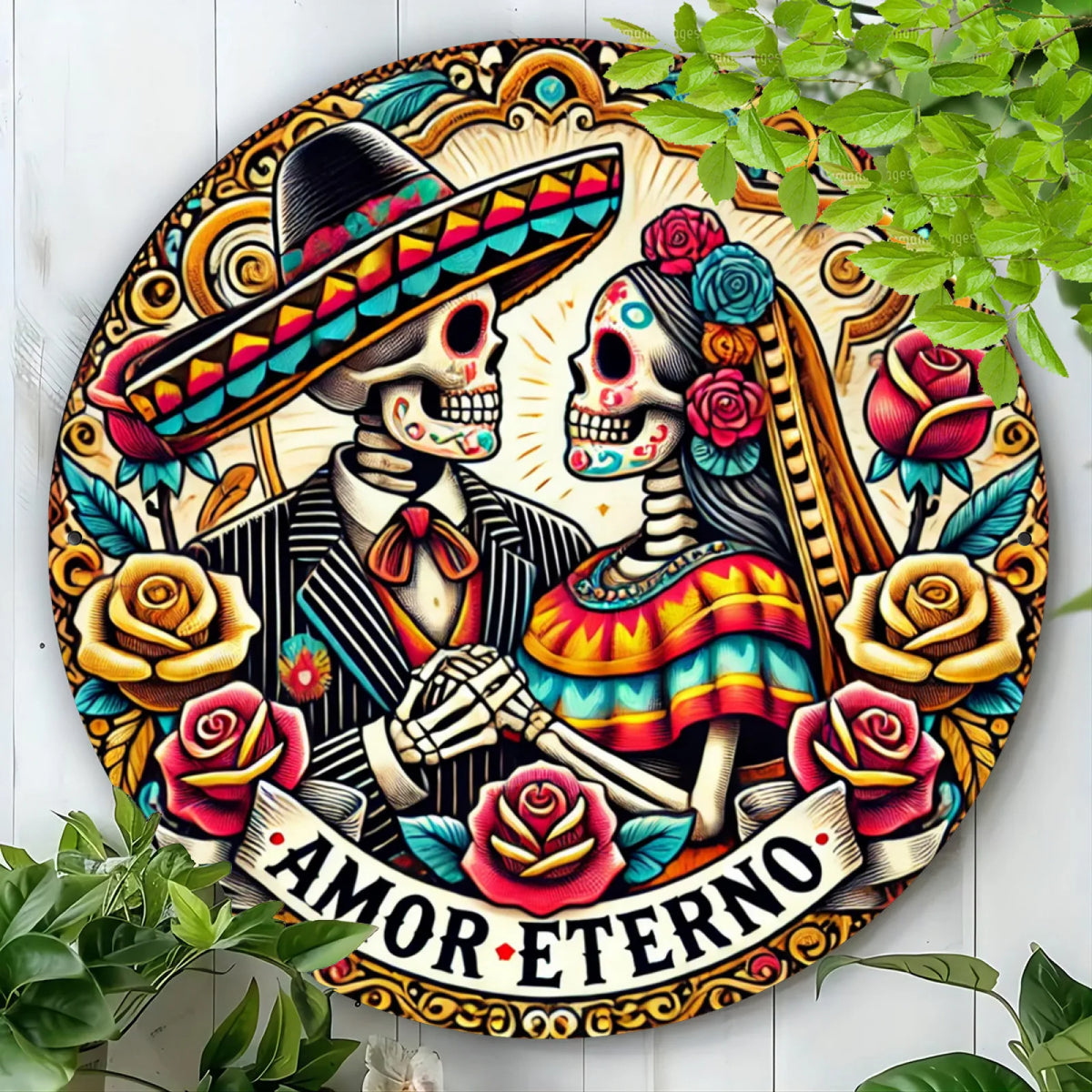 plaque décorative multicolore squelettes dia los muertos roses ornements aluminium festive populaire