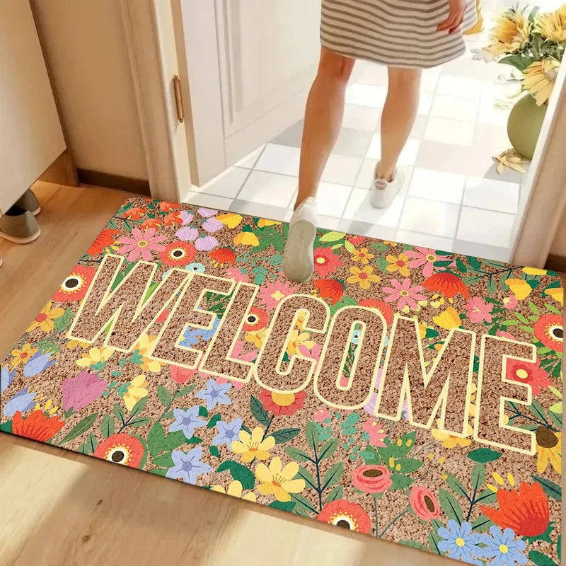 tapis d'entrée moderne fleurs colorées welcome résistant rides antidérapant marron rouge vert