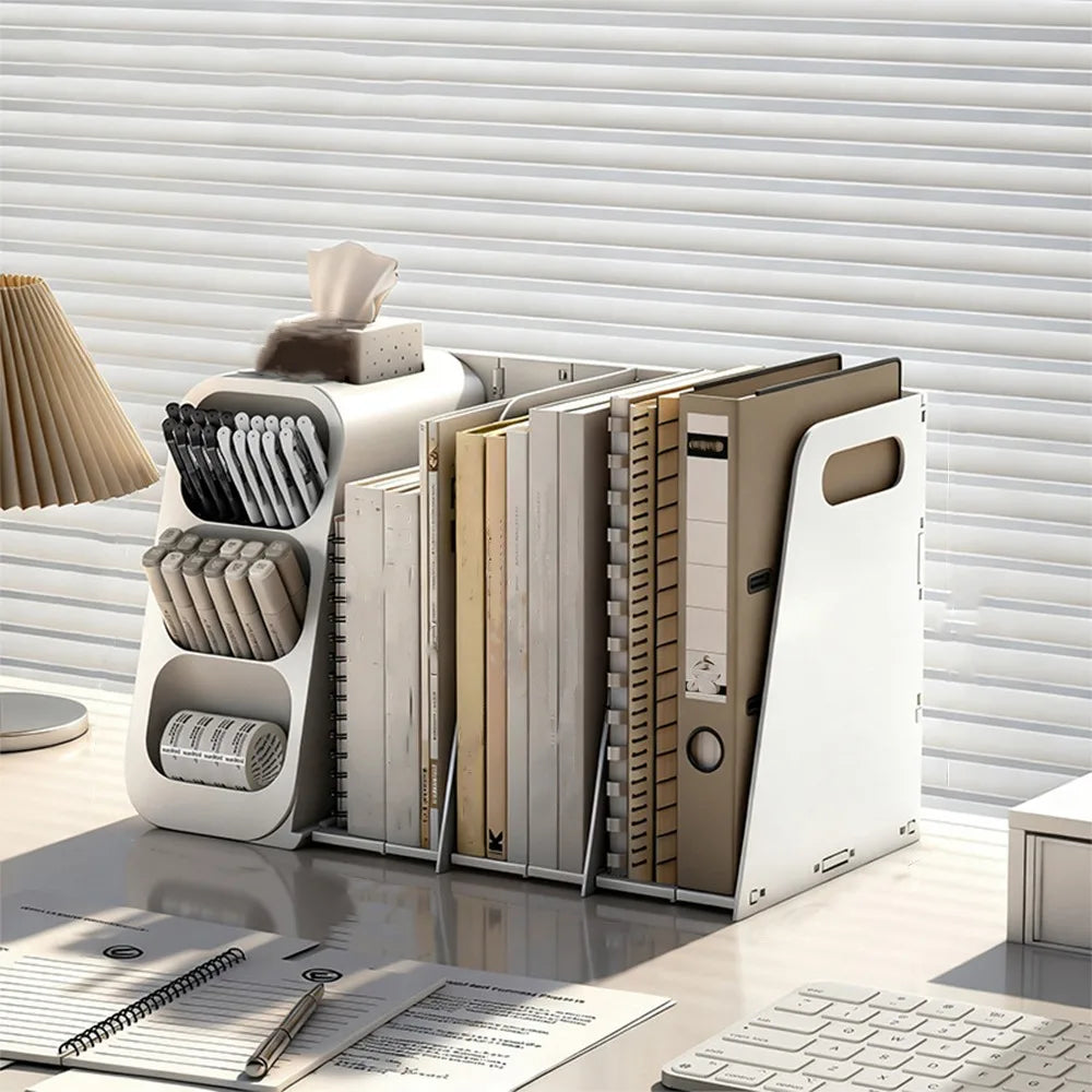 organisateur blanc moderne rangement stylos fichiers blancs bleus compartments ligne verticalisée étudiant