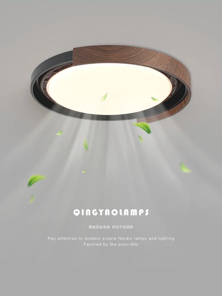 luminaire moderne bois grainé marron foncé éclairage ventilateur led invisible chambre coucher