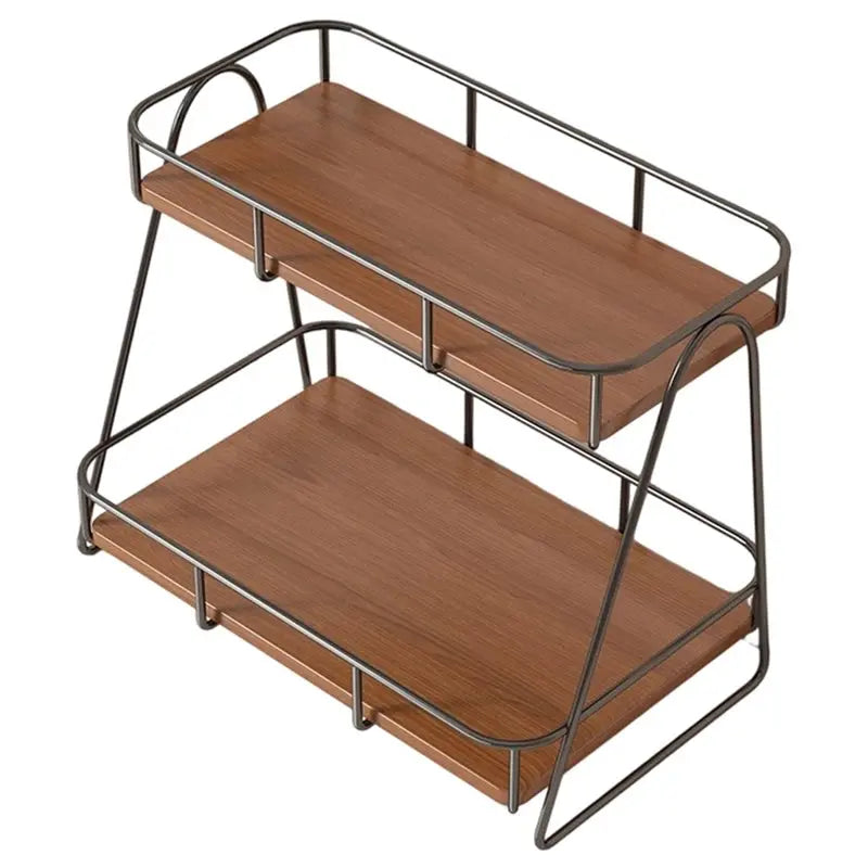 étagère deux niveaux bois marron clair métal noir moderne minimaliste bouteilles cosmétiques horloge parfum