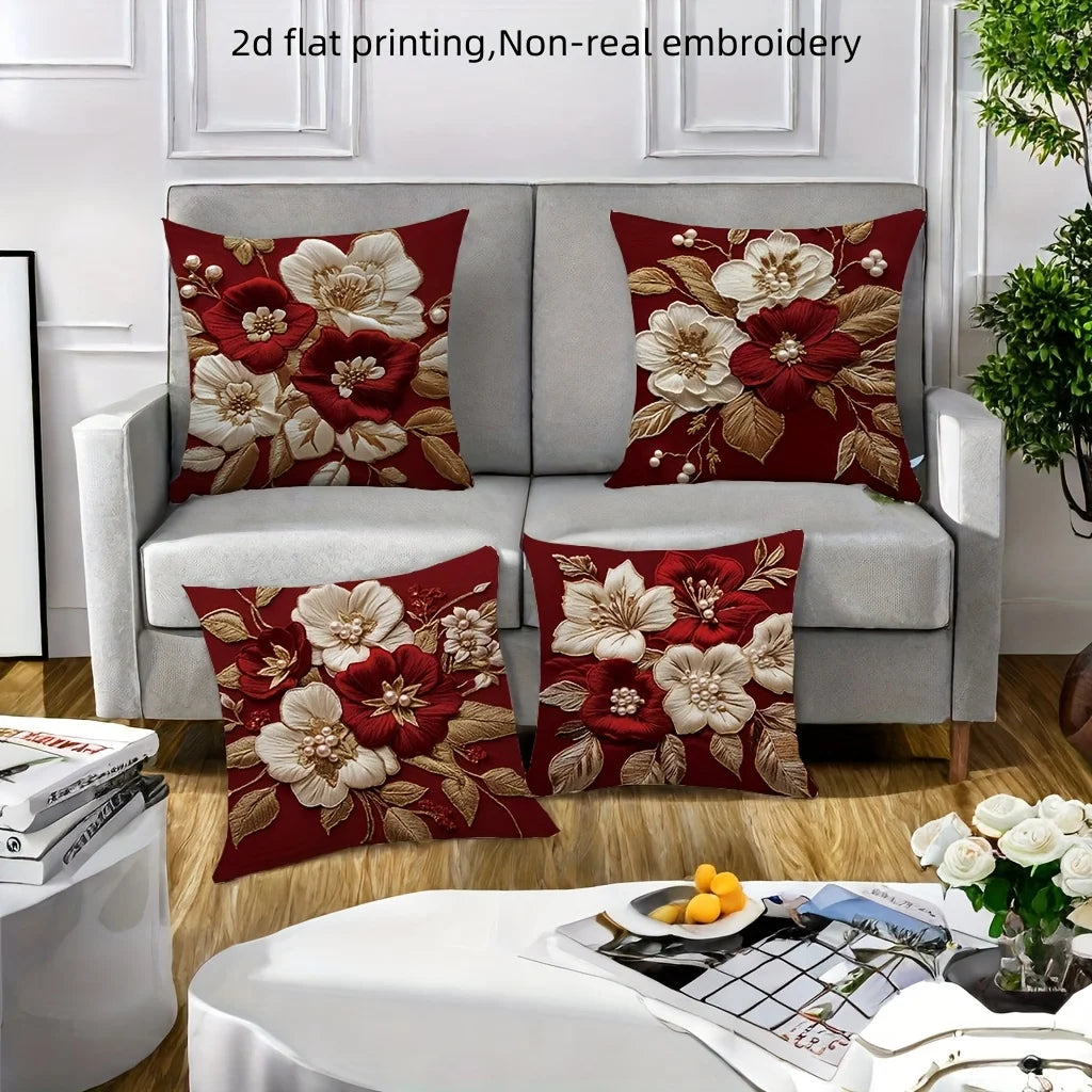 taies d'oreiller décoratives motif floral rouge bordeaux coussins carrés polyester 45x45cm décoration maison hospitalière