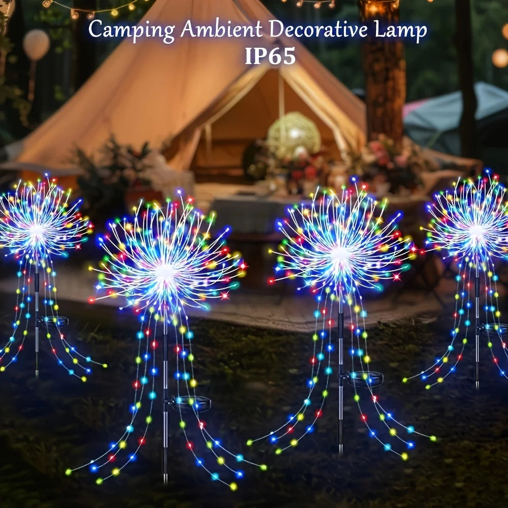 lampe solaire feu d'artifice multicolore blanc chaud extérieure ambiance festive nocturne jardin patio