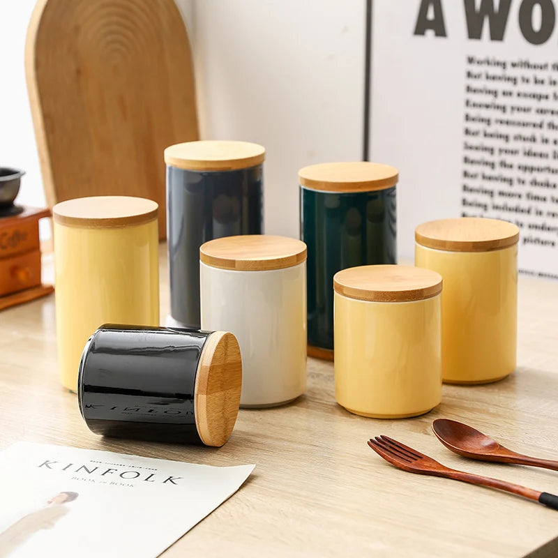 boîte rangement moderne pot épices céramique couvercle bambou blanc jaune gris 150ml