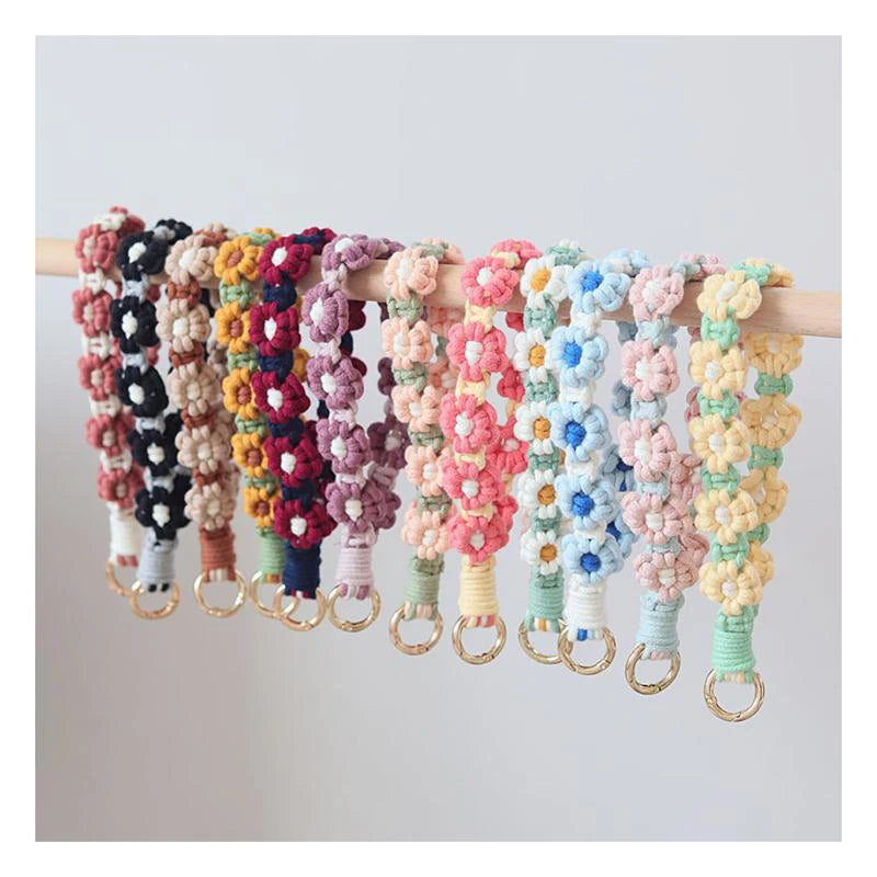 bracelet porte clés fleurs relief tissé jaune vert blanc rose bleu violet rouge vif