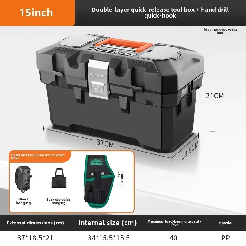 boîte outils noire orange clips multifonctionnelle perceuse batterie sac clé douille première secours lampe