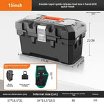 boîte outils noire orange clips multifonctionnelle perceuse batterie sac clé douille première secours lampe