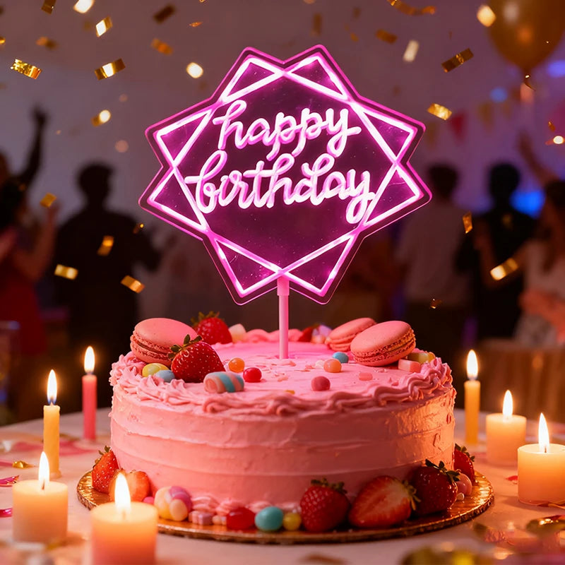 décoration gâteau happy birthday acrylique transparente clips moderne fête anniversaire lettres lumineuses