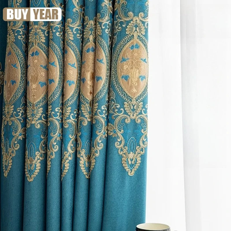 rideau épais broderie dorée motif floral classique élégant salon chambre salon bleu beige