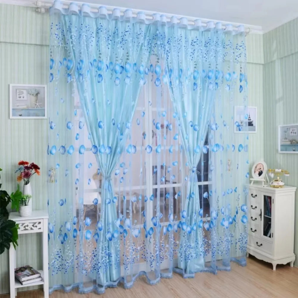rideaux voilage floral violet rose bleu vert orange décoratif moderne polyester transparent chambre salonhôtel